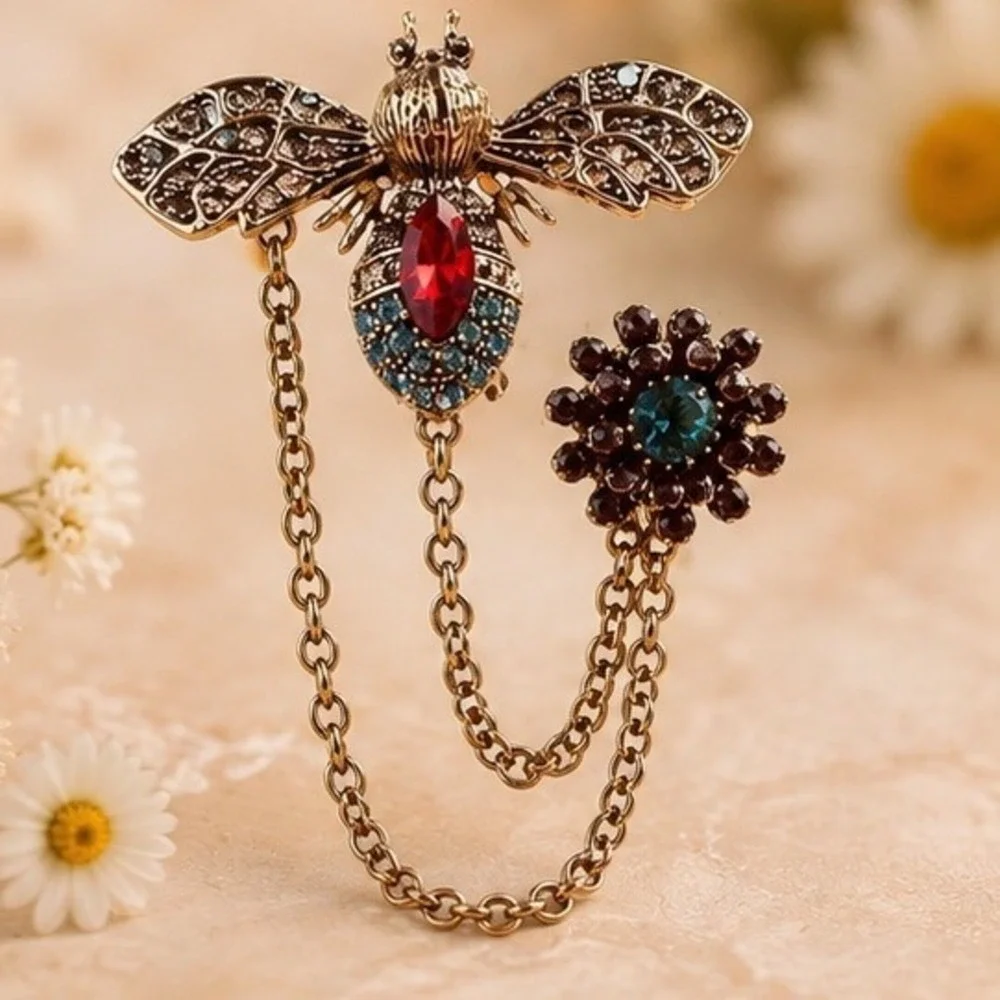 Honey Bee & Flower Double Brooch Draped Chain Filigree Wings Red Blue Crystals